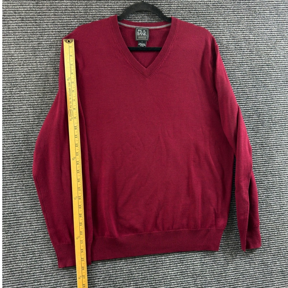 Jos A Bank V-Neck Sweater Large Burgandy 100% Merino Wool Traveler Pullover Red - Picture 7 of 7